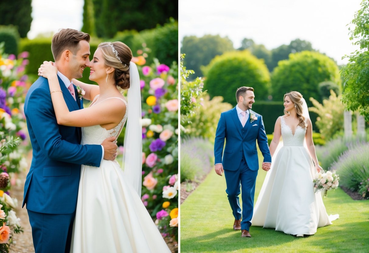 A vibrant pre-wedding scene with a couple embracing and surrounded by flowers, followed by a serene post-wedding scene with the couple walking hand in hand through a peaceful garden