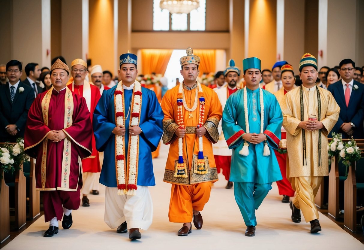A line of figures in traditional attire walk down the aisle, each representing a different cultural or religious procession