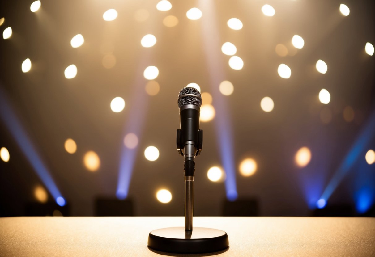 A microphone stands alone on a decorated stage, bathed in soft light, as the last words of a heartfelt speech linger in the air