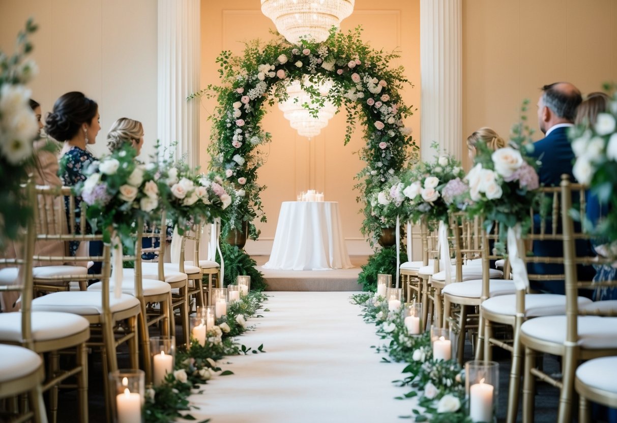 A flower-strewn aisle leading to an elegant arch adorned with greenery and delicate blooms