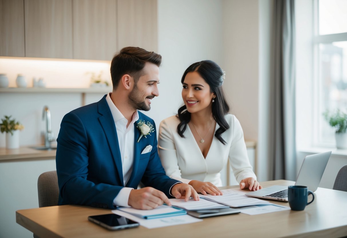 A couple sitting at a table, planning and discussing finances before their wedding. After the wedding, they are seen managing their expenses and maintaining a budget together