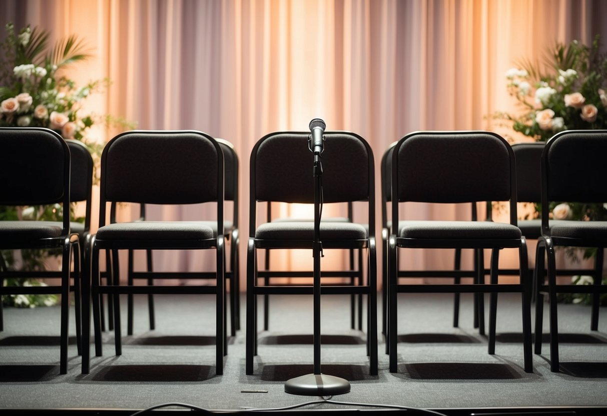 A line-up of empty chairs on a stage, with a single microphone at the center, surrounded by floral decorations and soft lighting