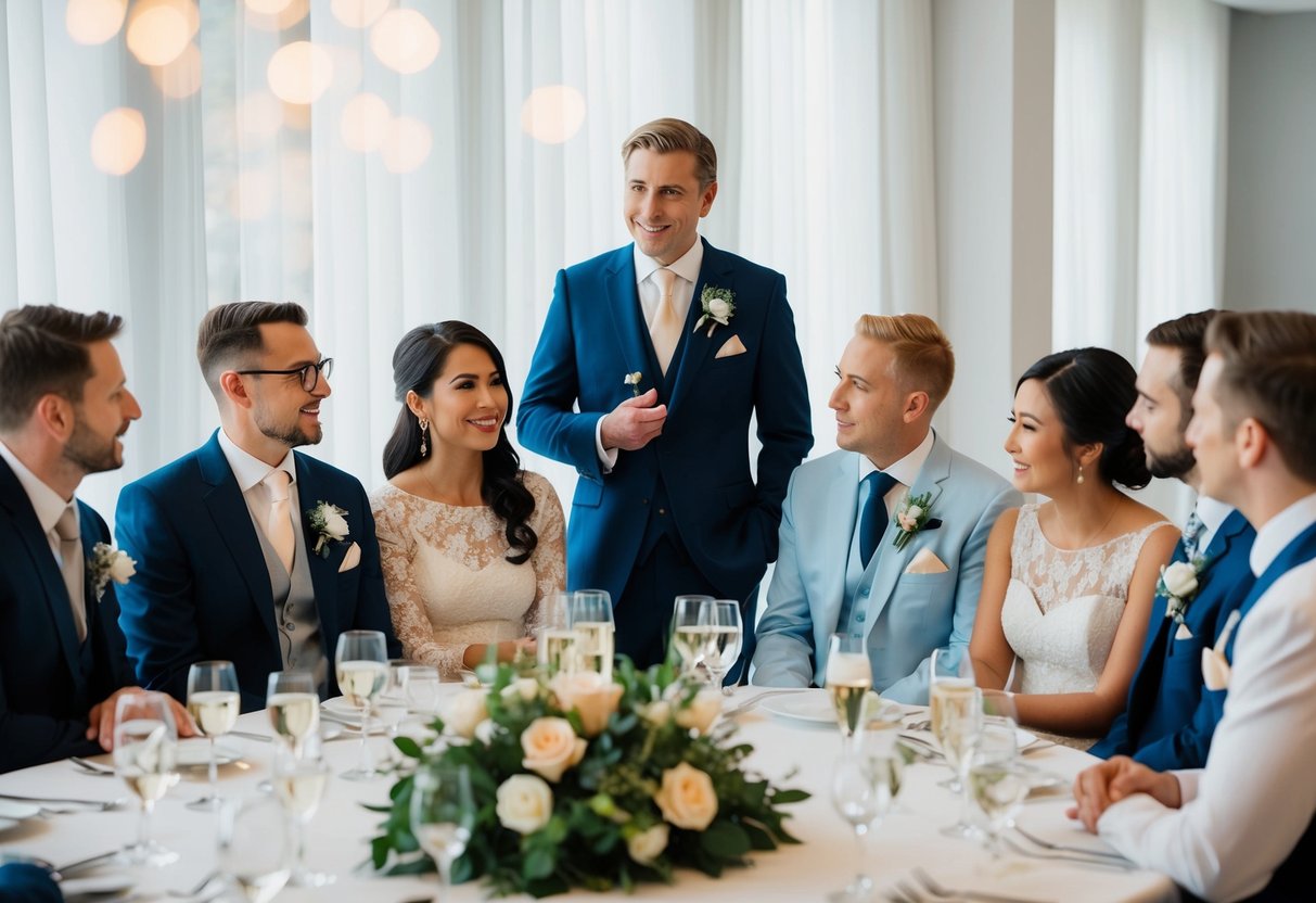 A diverse group of wedding guests discussing modern speech etiquette, with one person confidently speaking last