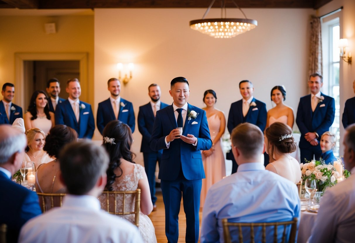 A group of people gathered in a warmly lit reception hall, focused on a lone figure standing at the front, delivering a heartfelt and memorable wedding speech