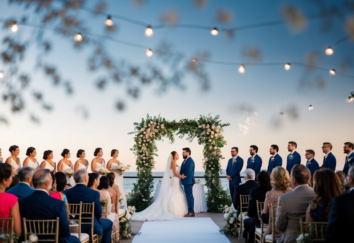A wedding ceremony and reception, with decorations and guests, lasts from morning to evening