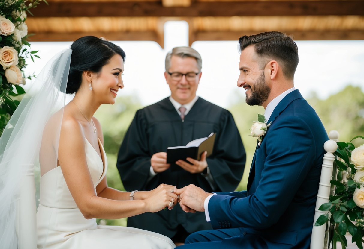 A couple sitting across from an officiant, exchanging vows and rings