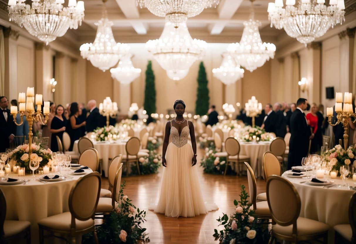 A figure stands at the center of a grand ballroom, surrounded by tables adorned with flowers and candles. The room is filled with the soft glow of chandeliers, creating an atmosphere of elegance and anticipation