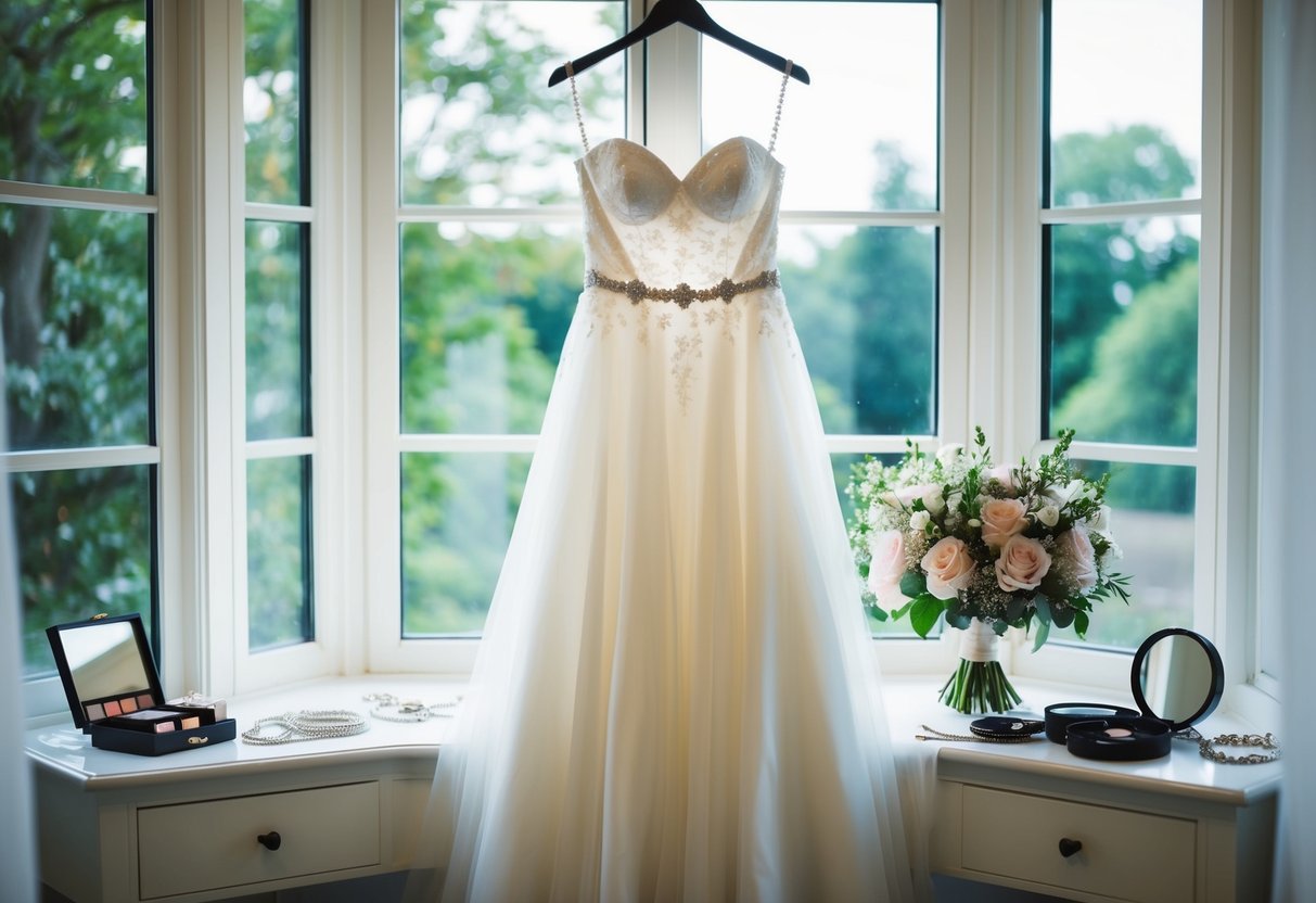 A bride's dress hangs on a window, surrounded by scattered jewelry and a bouquet of flowers. A makeup kit and hair accessories sit on a nearby table