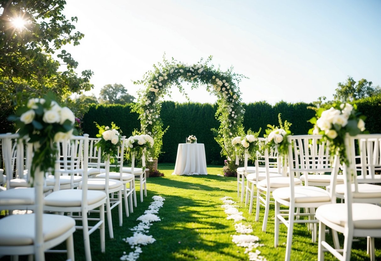 A sunlit outdoor wedding ceremony in a garden, with an arch decorated in flowers and greenery, surrounded by rows of white chairs