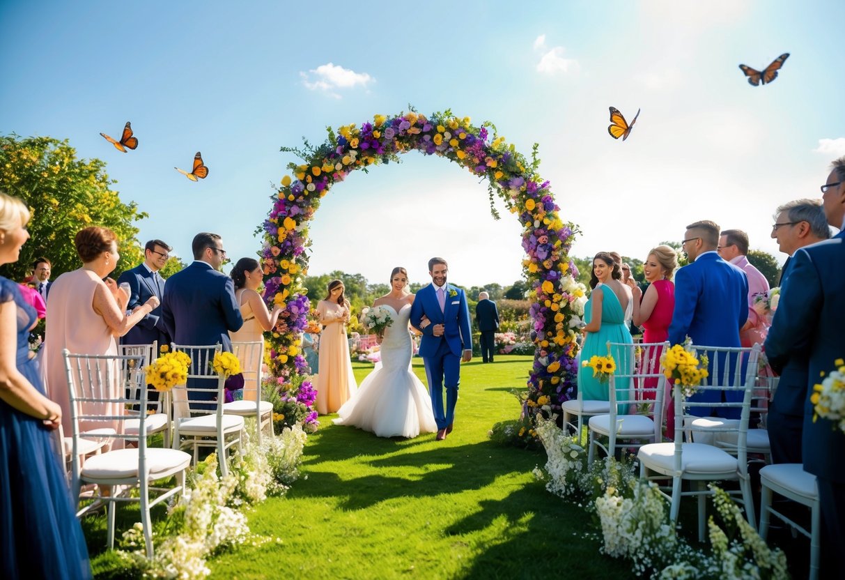 A colorful wedding arch stands in a sunlit garden, surrounded by blooming flowers and fluttering butterflies. A festive atmosphere fills the air as guests arrive, ready to celebrate
