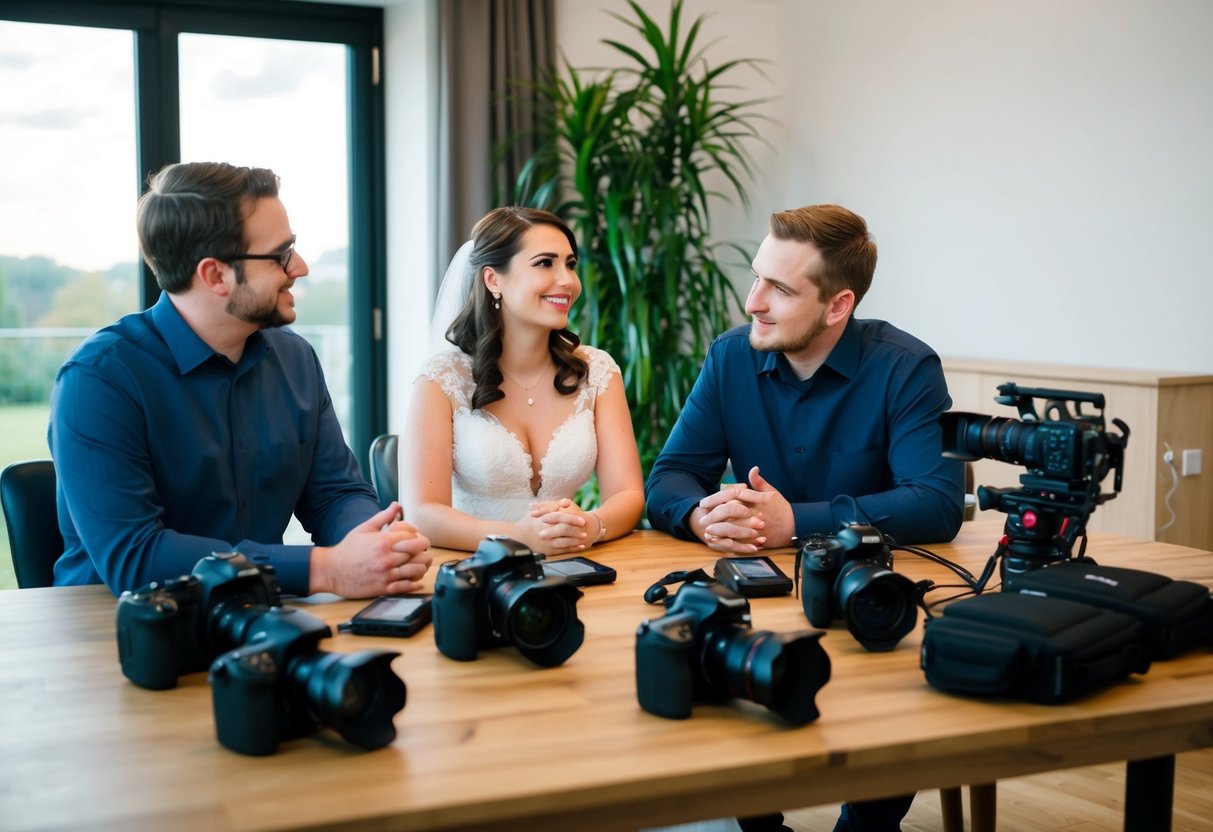 A videographer sits across from a couple, asking about their vision for the wedding video. Cameras and equipment are spread out on the table