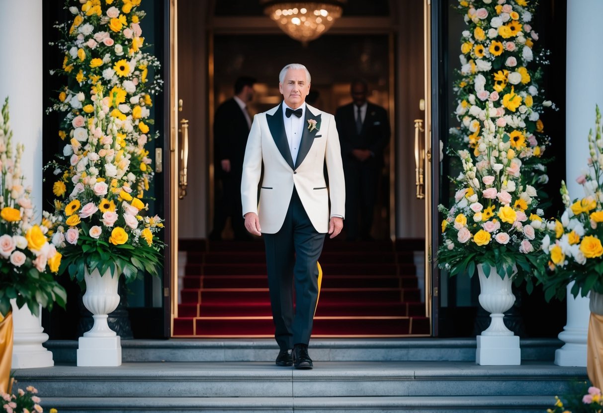 A figure in formal attire steps out from a grand entrance, surrounded by flowers and decorations