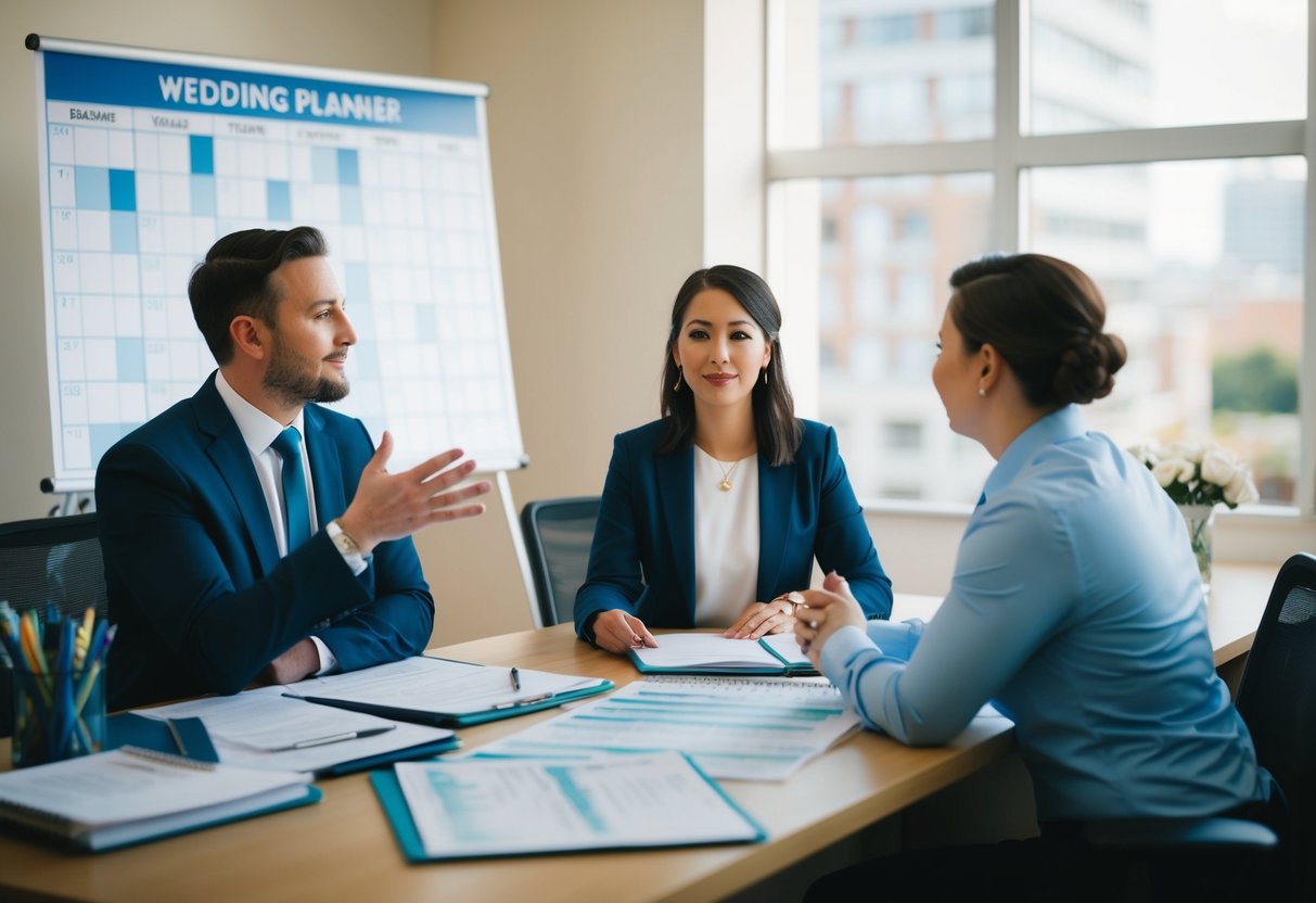 A wedding planner sits at a desk, surrounded by charts and calendars. They are speaking with a couple, asking about backup plans and logistical details