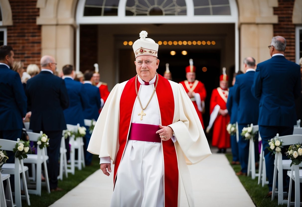 A figure in ceremonial attire leading the procession out of the wedding venue