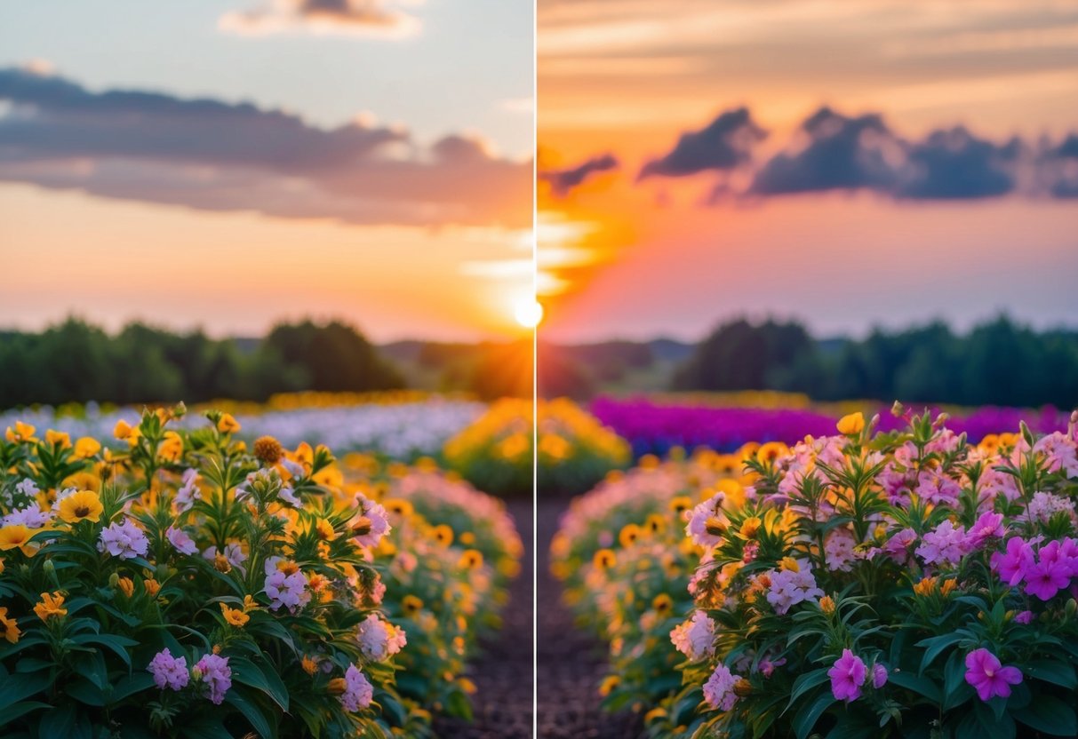 A blooming flower garden with a sunrise on one side and a sunset on the other, symbolizing the passage of time and the different stages of life