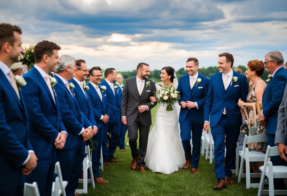Guests file out, chatting and laughing. Ushers guide them to the waiting transportation as the newlyweds share a private moment