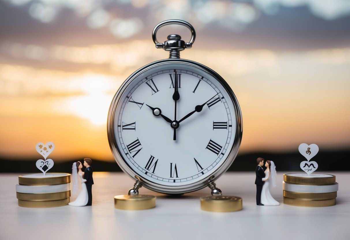 A clock with one hand pointing to an early hour and the other hand pointing to a late hour, surrounded by symbols of marriage and personal milestones