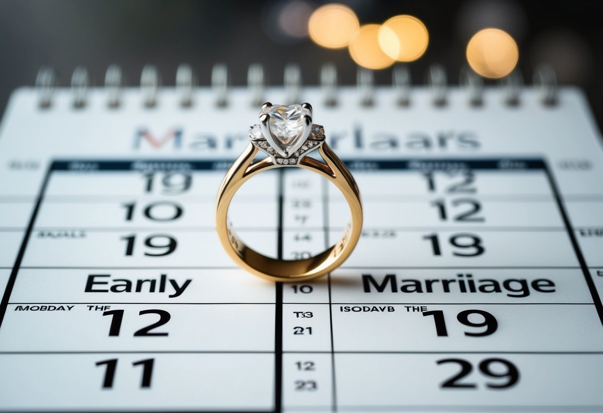 A wedding ring placed on a calendar, with one side representing early marriage and the other side representing late marriage