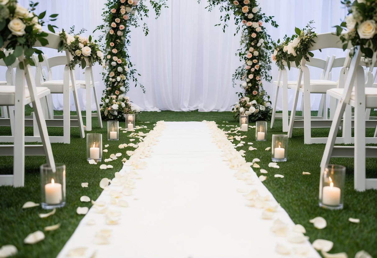 A wedding layout with a white aisle runner, flower petals, and an arch adorned with flowers and greenery