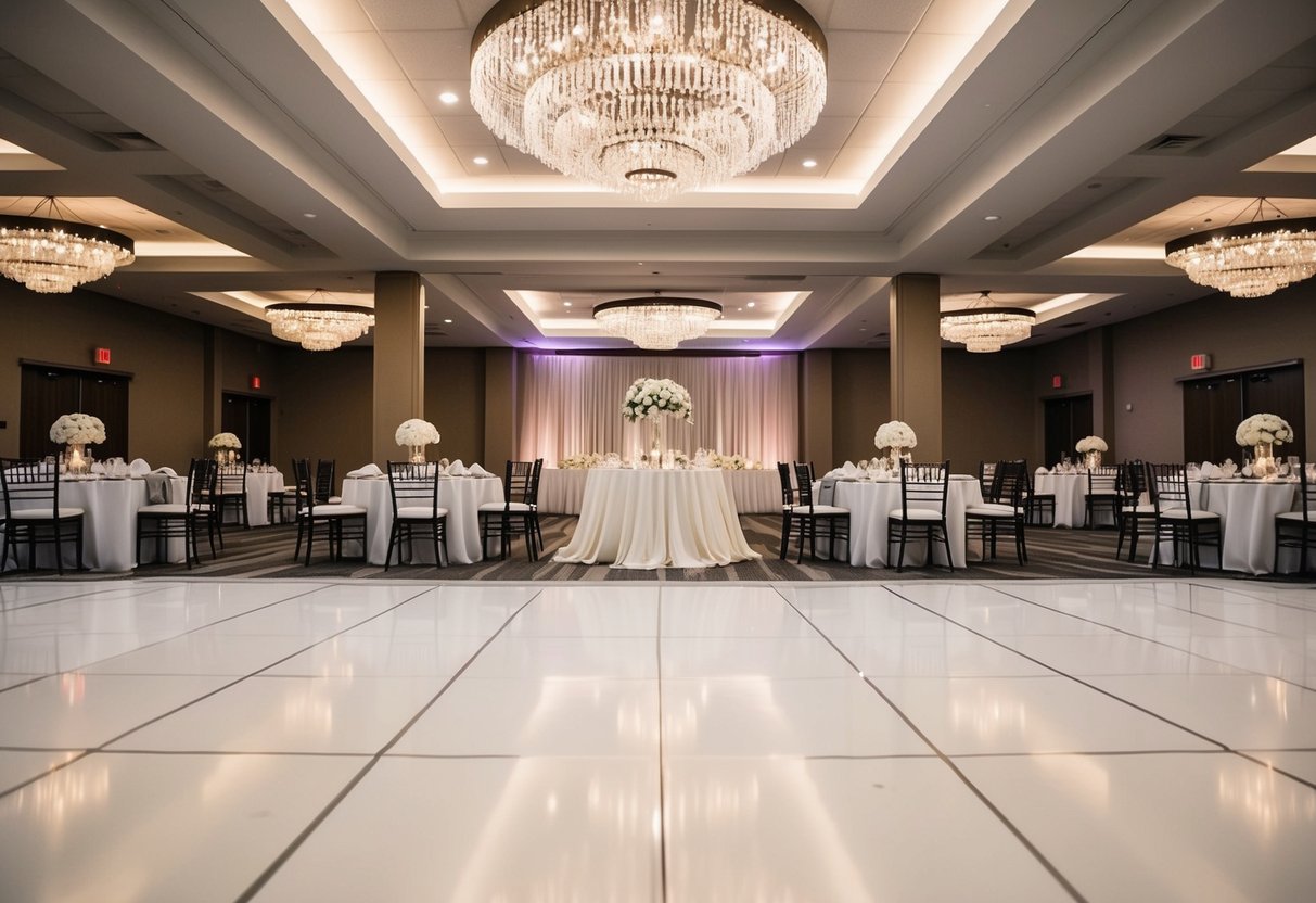 A wedding layout featuring tables, chairs, and a dance floor with decorative centerpieces and lighting