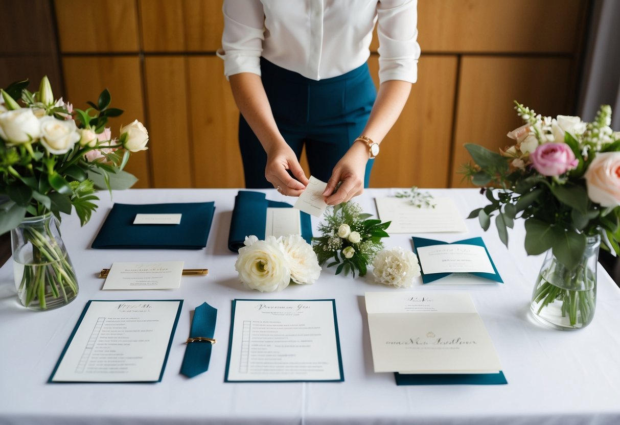 A person organizing wedding items on a table, surrounded by flowers, invitations, and a checklist