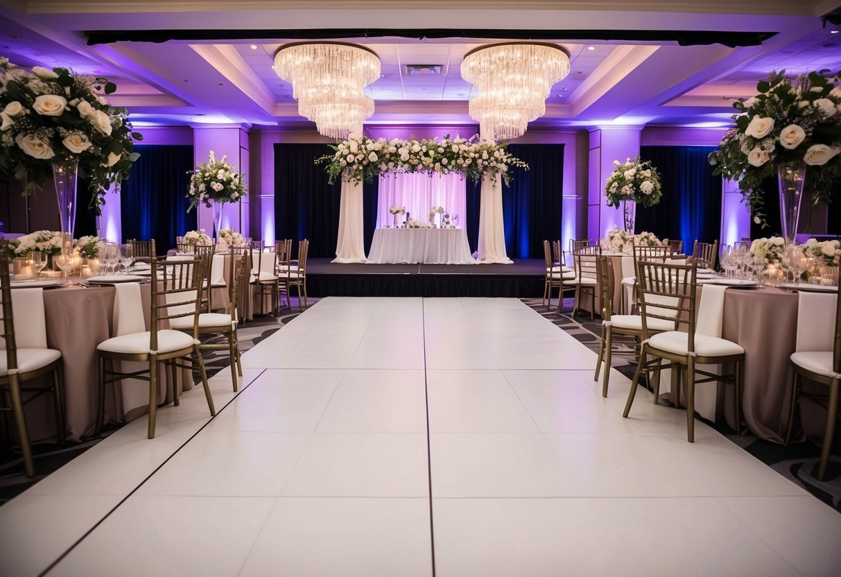 A wedding layout depicting tables, chairs, dance floor, and stage with floral centerpieces and decorative lighting