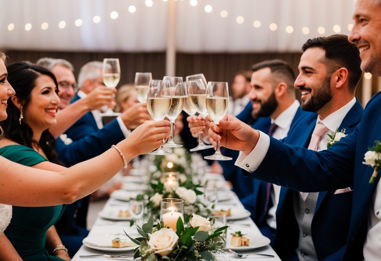 Guests raising glasses in a toast at a wedding reception