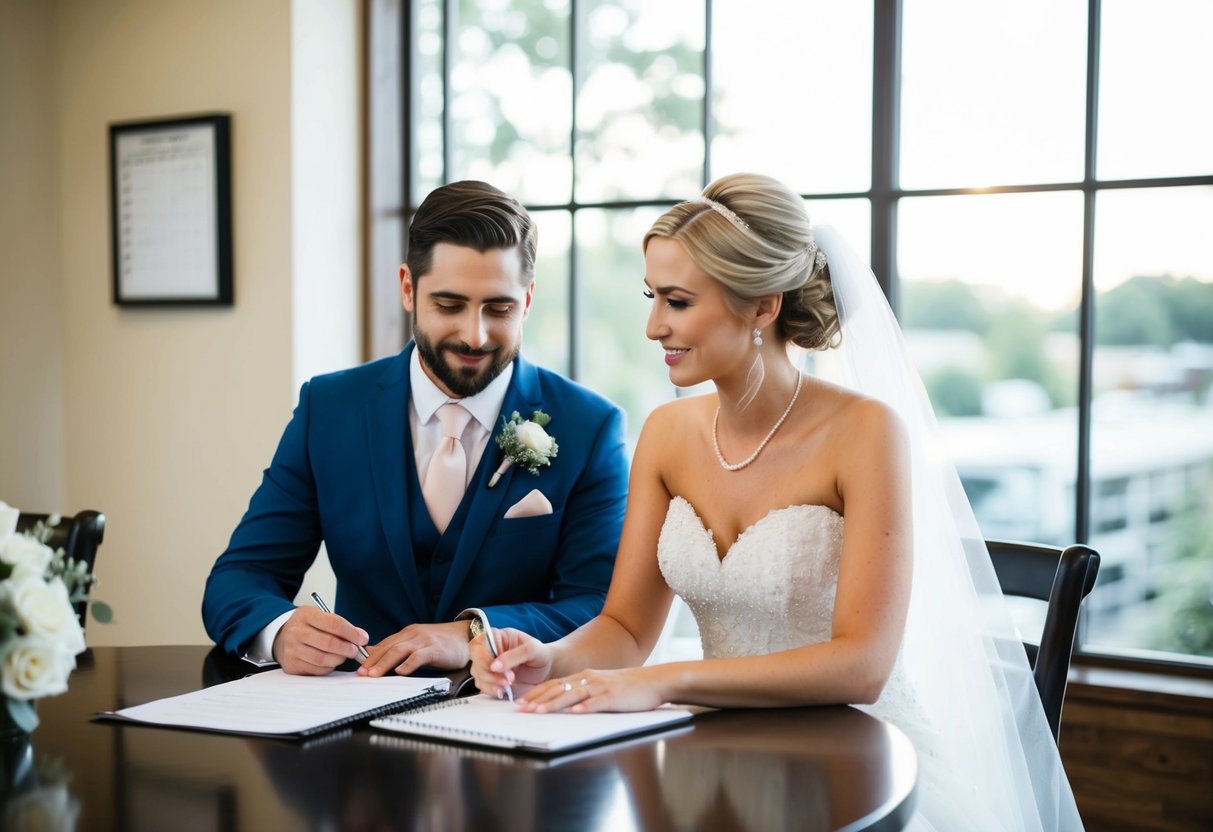 A bride and groom sit at a table with a wedding planner, discussing details while looking at a checklist and a calendar