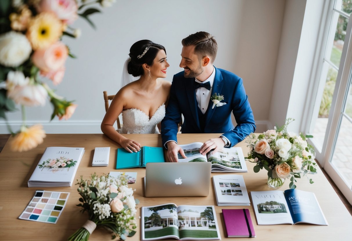 A couple sits at a table with wedding magazines, notebooks, and a laptop, surrounded by swatches of fabric, flowers, and venue brochures