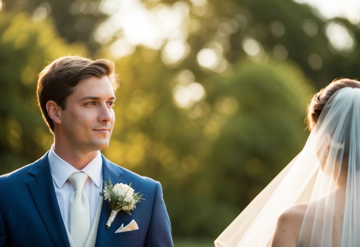 A bride stands on the right side of a groom, facing forward