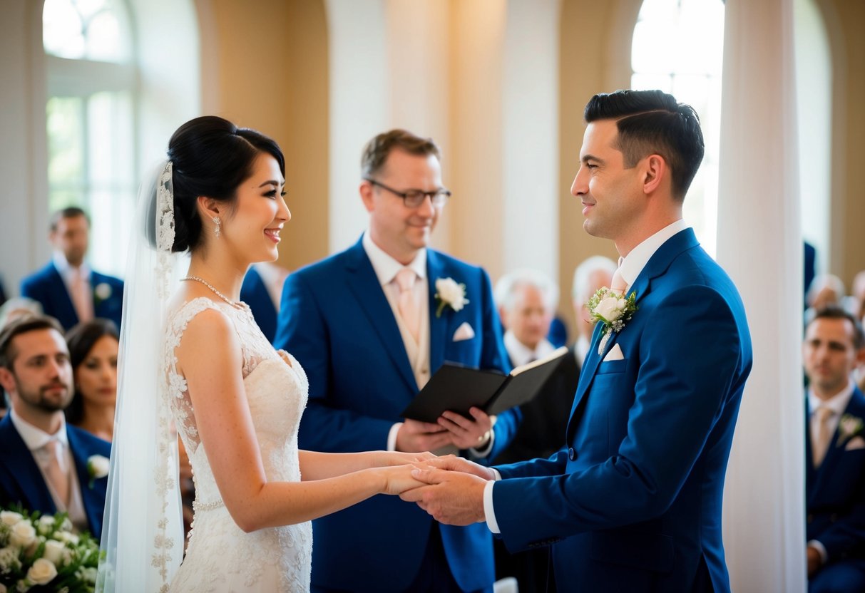 A bride in a traditional wedding gown stands on the right side of a groom in a classic ceremony setting