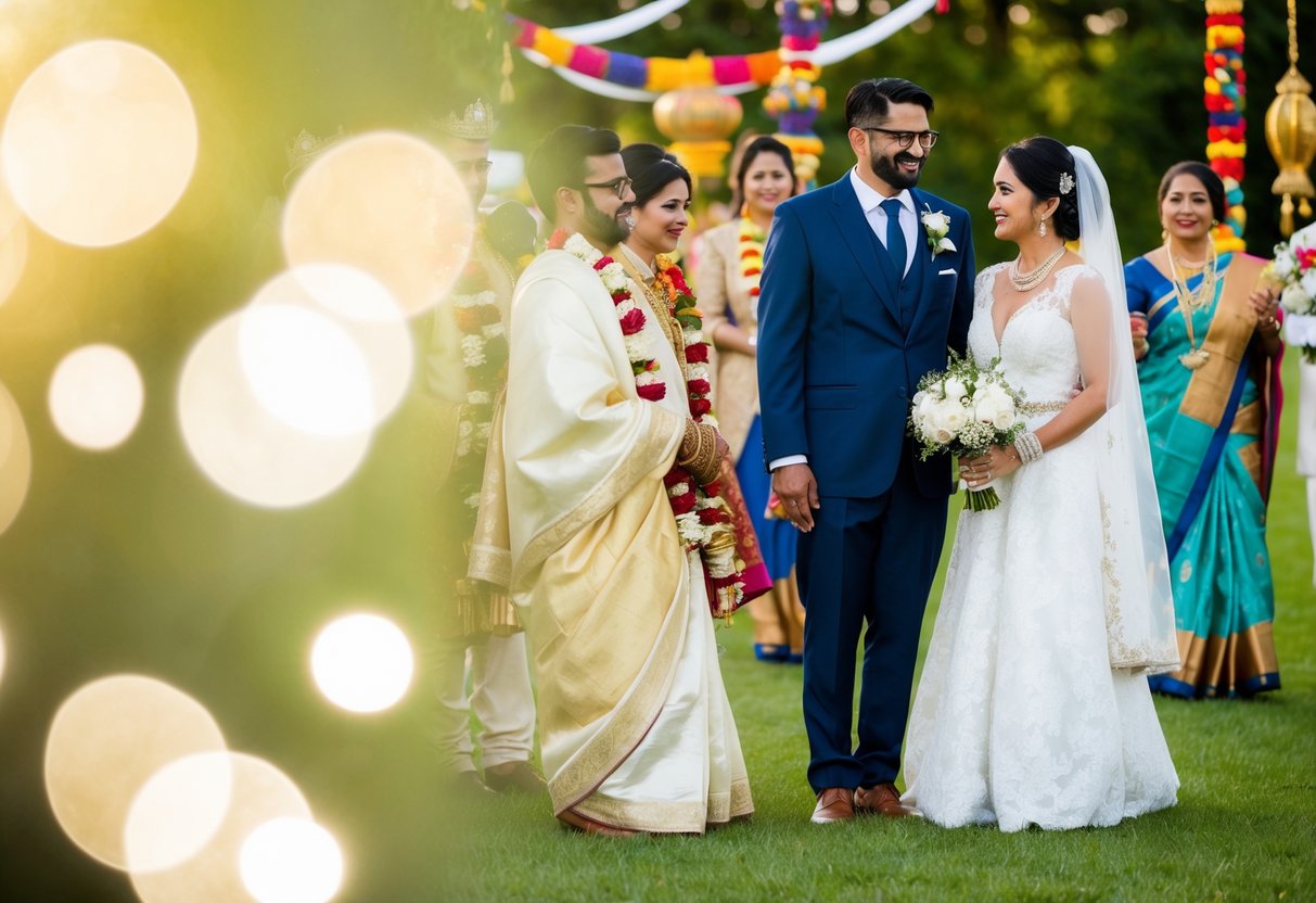 A wedding scene with the bride standing on the right side, surrounded by cultural symbols and variations from different traditions