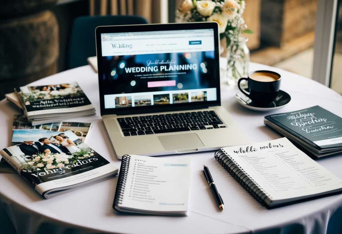 A table covered in wedding magazines, a laptop open to a wedding planning website, and a notebook with a list of potential venues and vendors