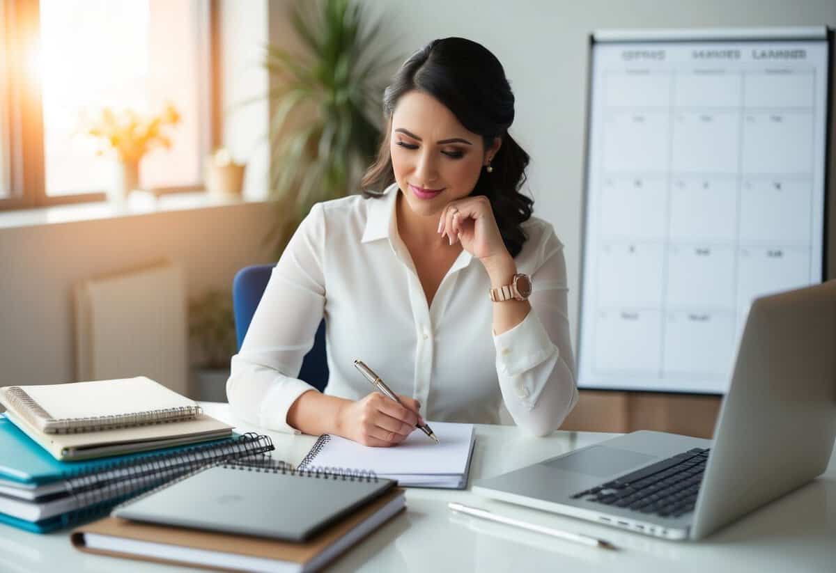 A wedding planner sits at a desk, surrounded by notebooks, calendars, and a laptop. They are deep in thought, pen in hand, as they begin to organize the details of the big day