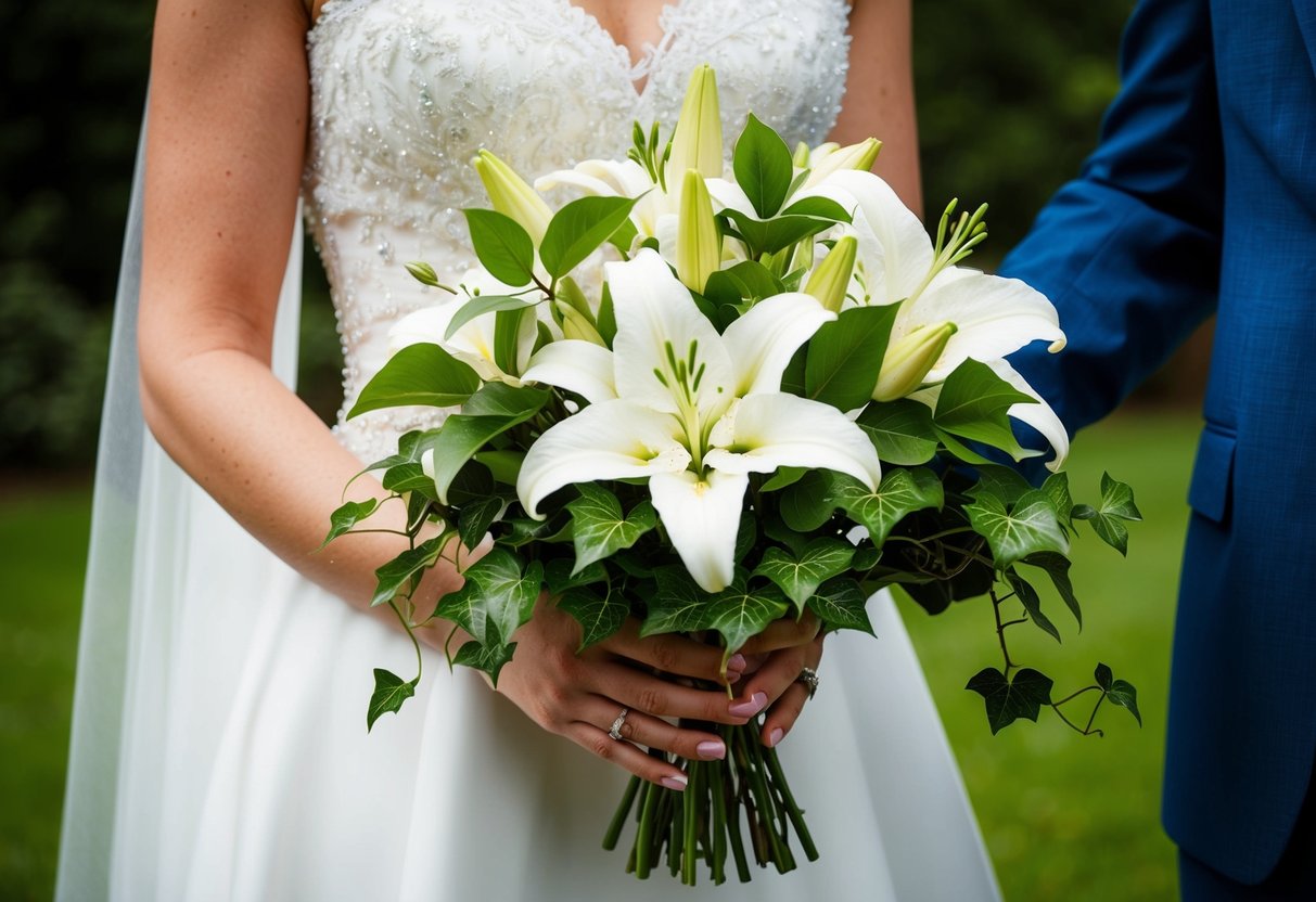 A bride's bouquet of white lilies and ivy, held in her right hand, while her left hand rests on the arm of her groom