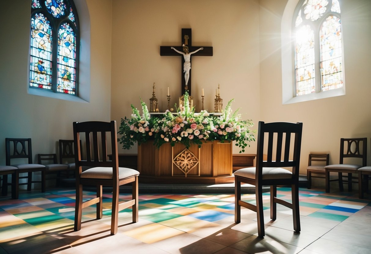 A flower-filled altar with two empty chairs facing each other. Sunshine streams through stained glass windows, casting colorful patterns on the floor