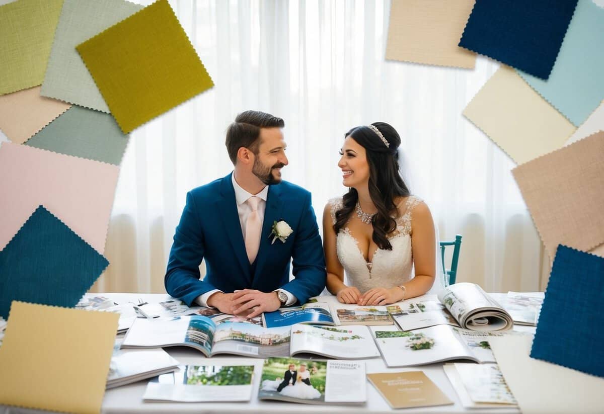 A couple sits at a table covered in wedding magazines, surrounded by swatches of fabric and sample invitations