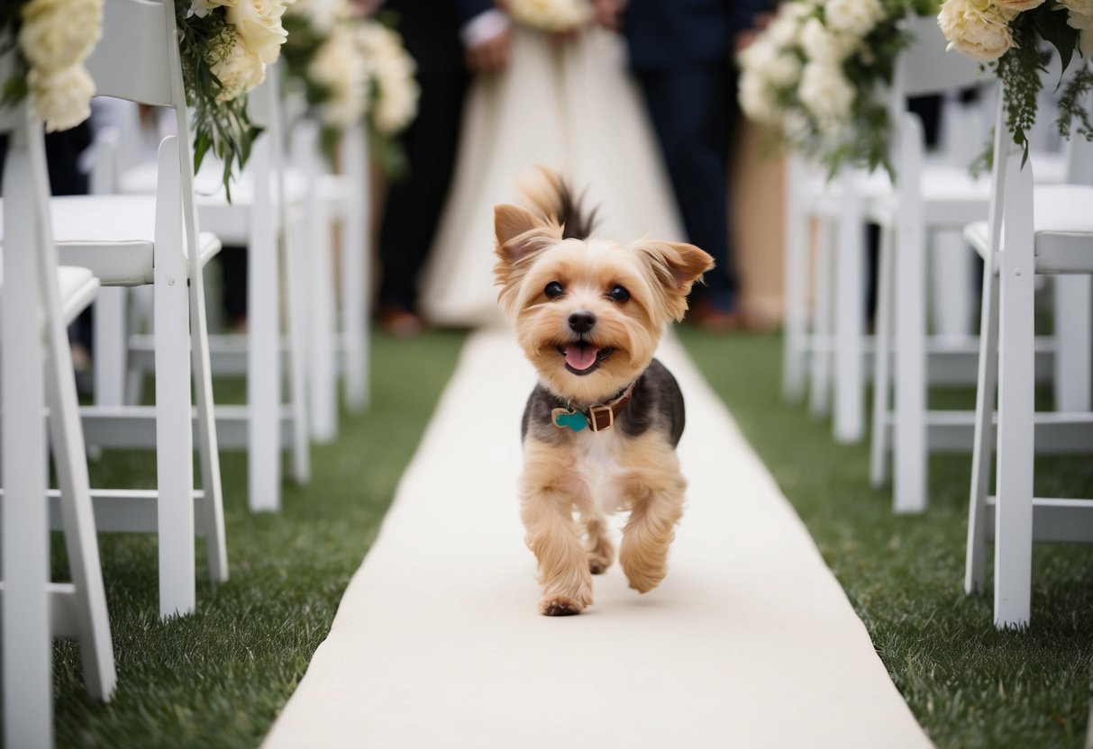 A small dog trots down the aisle, tail wagging happily