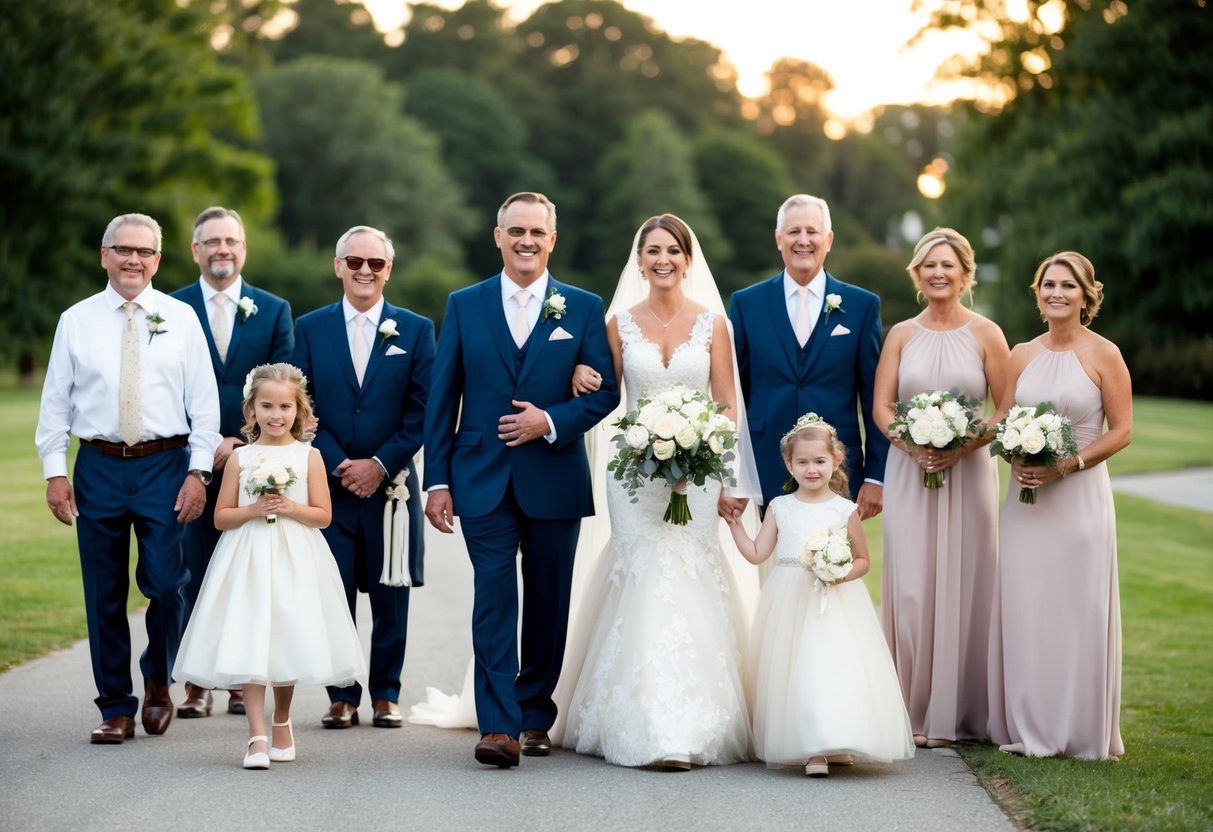 The bride's parents, groom's parents, grandparents, officiant, groom, best man, groomsmen, bridesmaids, maid of honor, flower girl, ring bearer, bride escorted by father