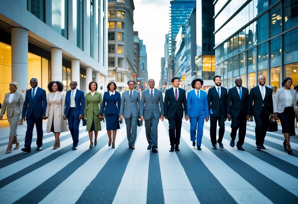A line of diverse figures moves through a modern, bustling city street, each representing a different culture and era