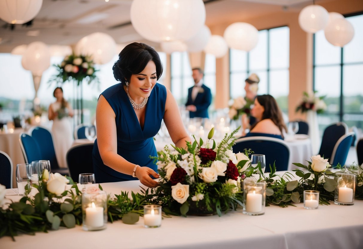 A wedding consultant arranging flowers, seating, and decor for a reception