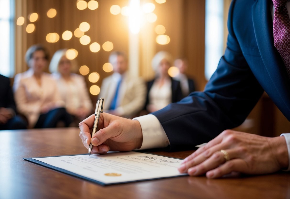 A judge signing a marriage certificate