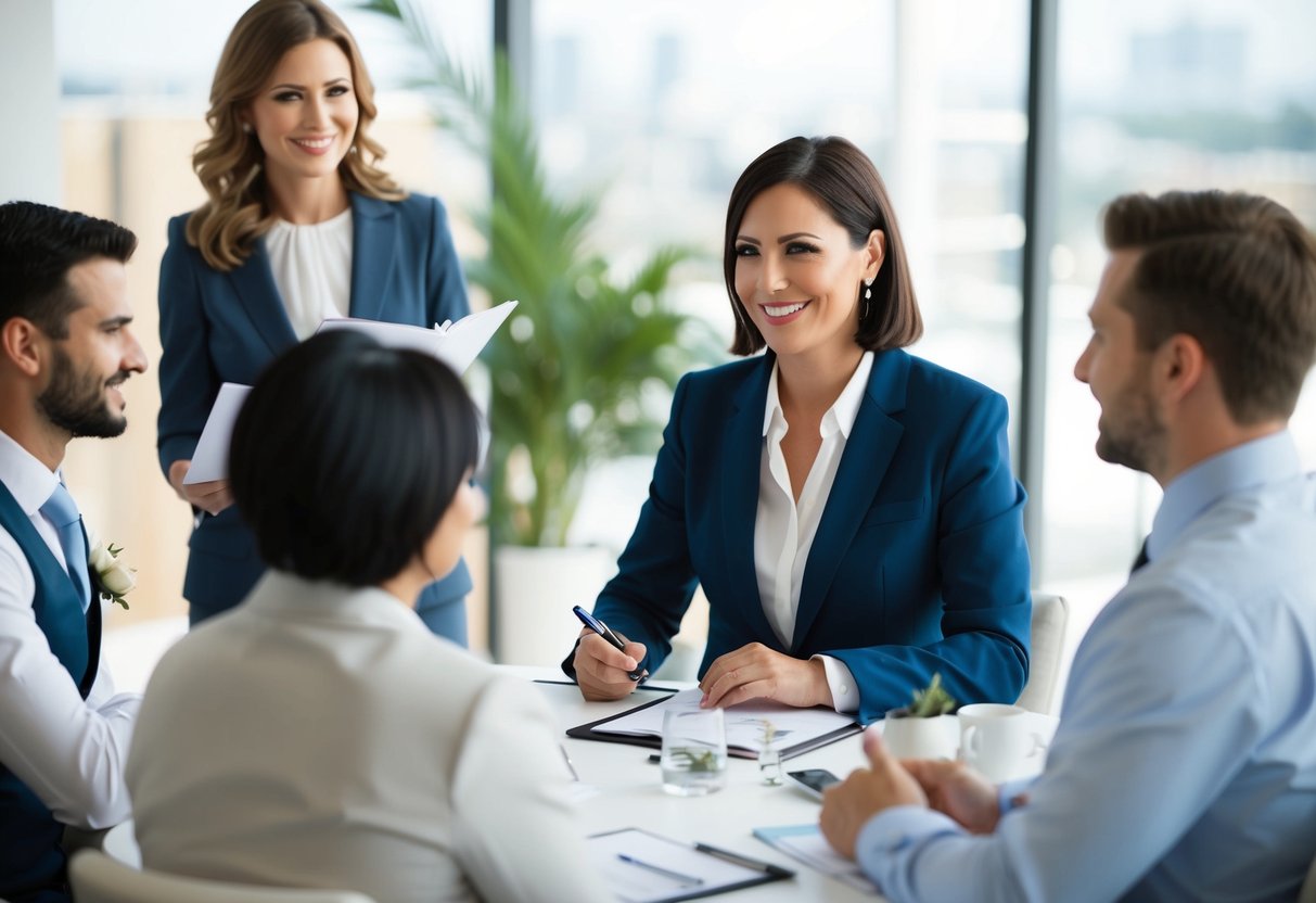 A wedding consultant meets with clients, organizes details, and offers advice on venues, vendors, and decor