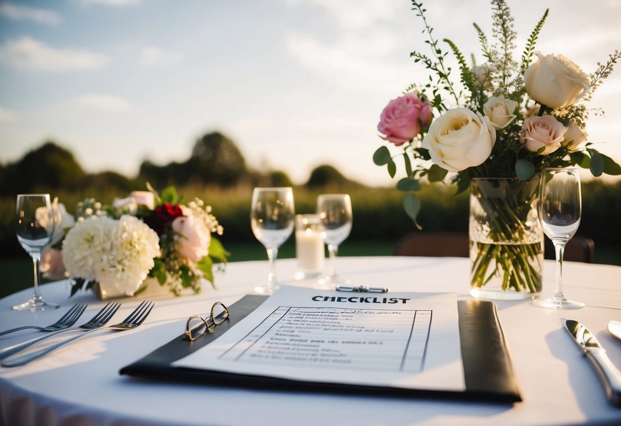 A table with a checklist, flowers, and wedding decor