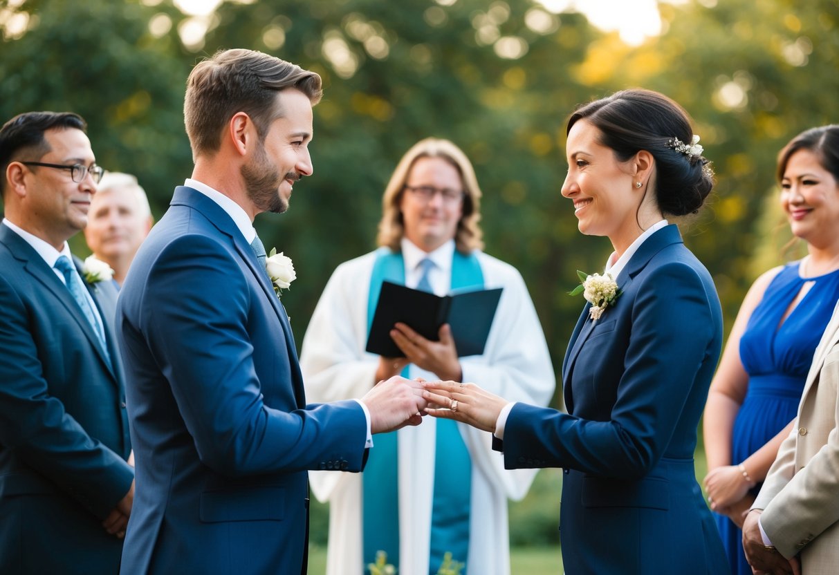 A couple standing before an officiant, exchanging vows and rings, with witnesses present