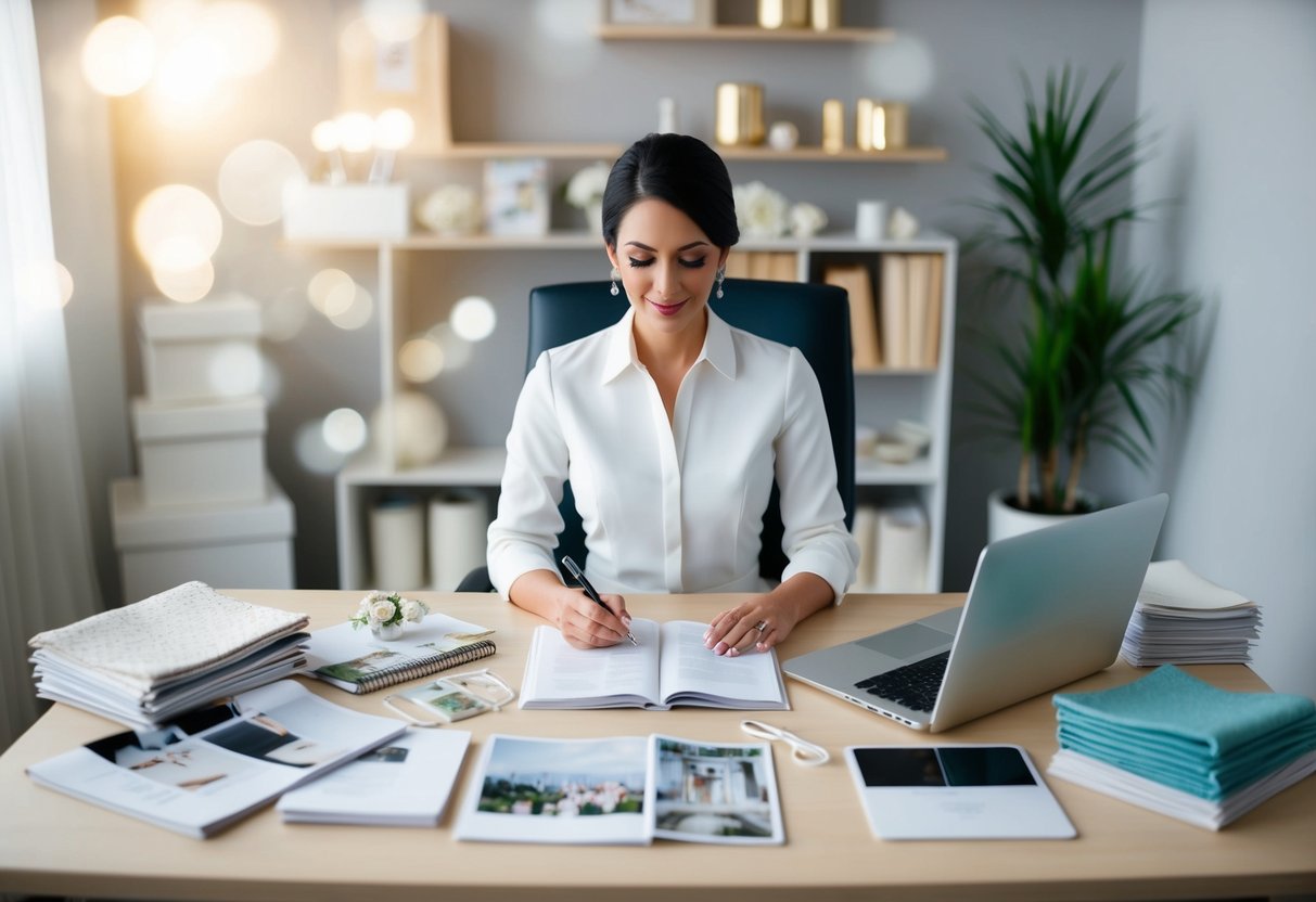 A wedding consultant sits at a desk surrounded by wedding magazines, fabric swatches, and a laptop, carefully planning and organizing details for the perfect wedding day