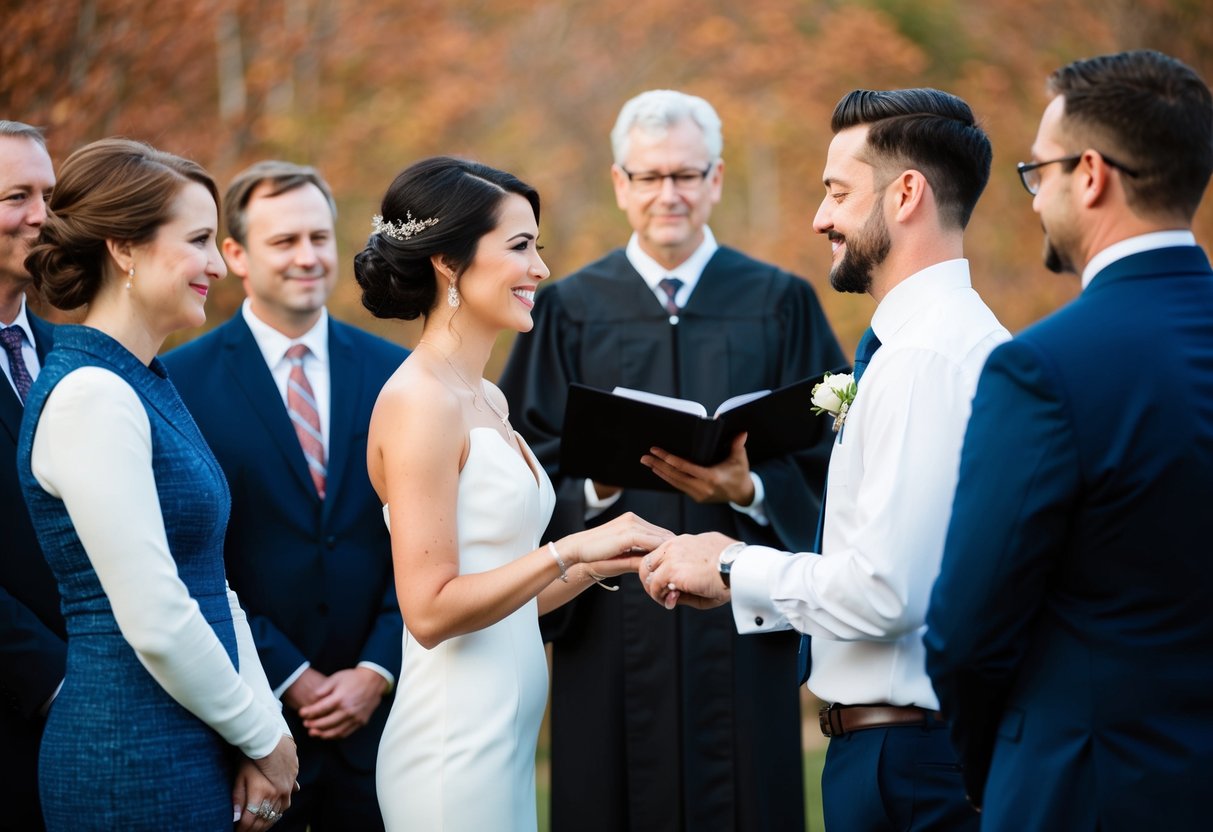 A couple standing before an officiant, exchanging vows and rings, with witnesses present
