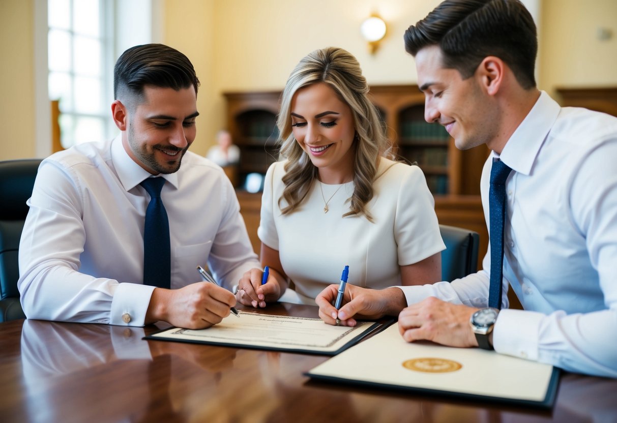 A couple signing a marriage certificate at a government office