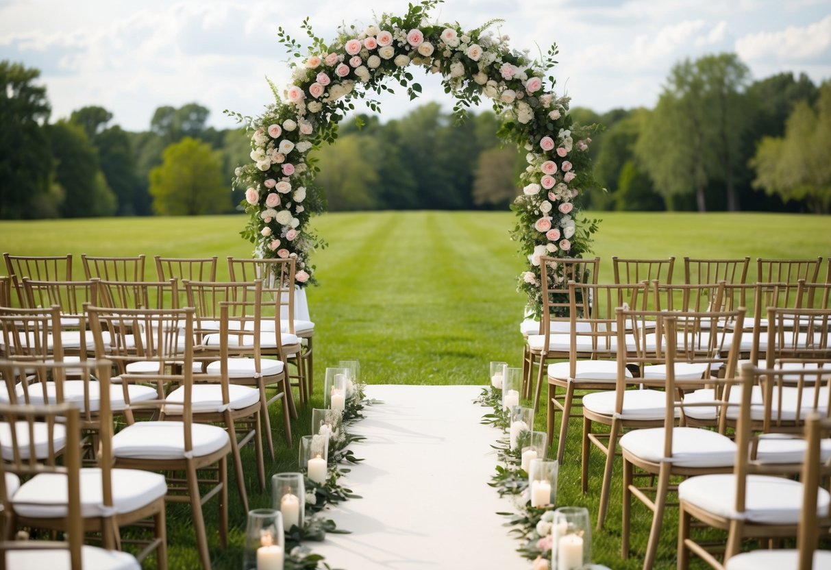 A serene outdoor setting with a flower-adorned arch, rows of chairs, and a decorative aisle for a wedding ceremony