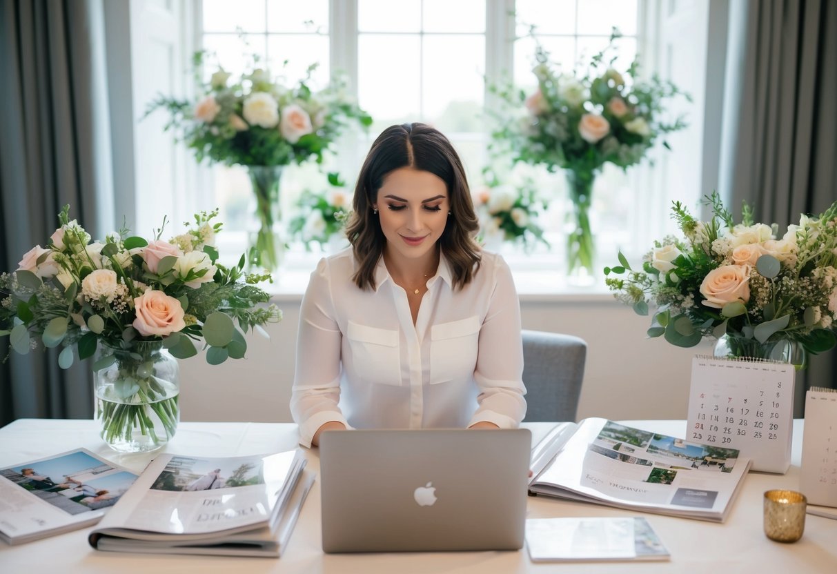 A wedding planner in the UK works on their laptop, surrounded by wedding magazines, floral arrangements, and a calendar
